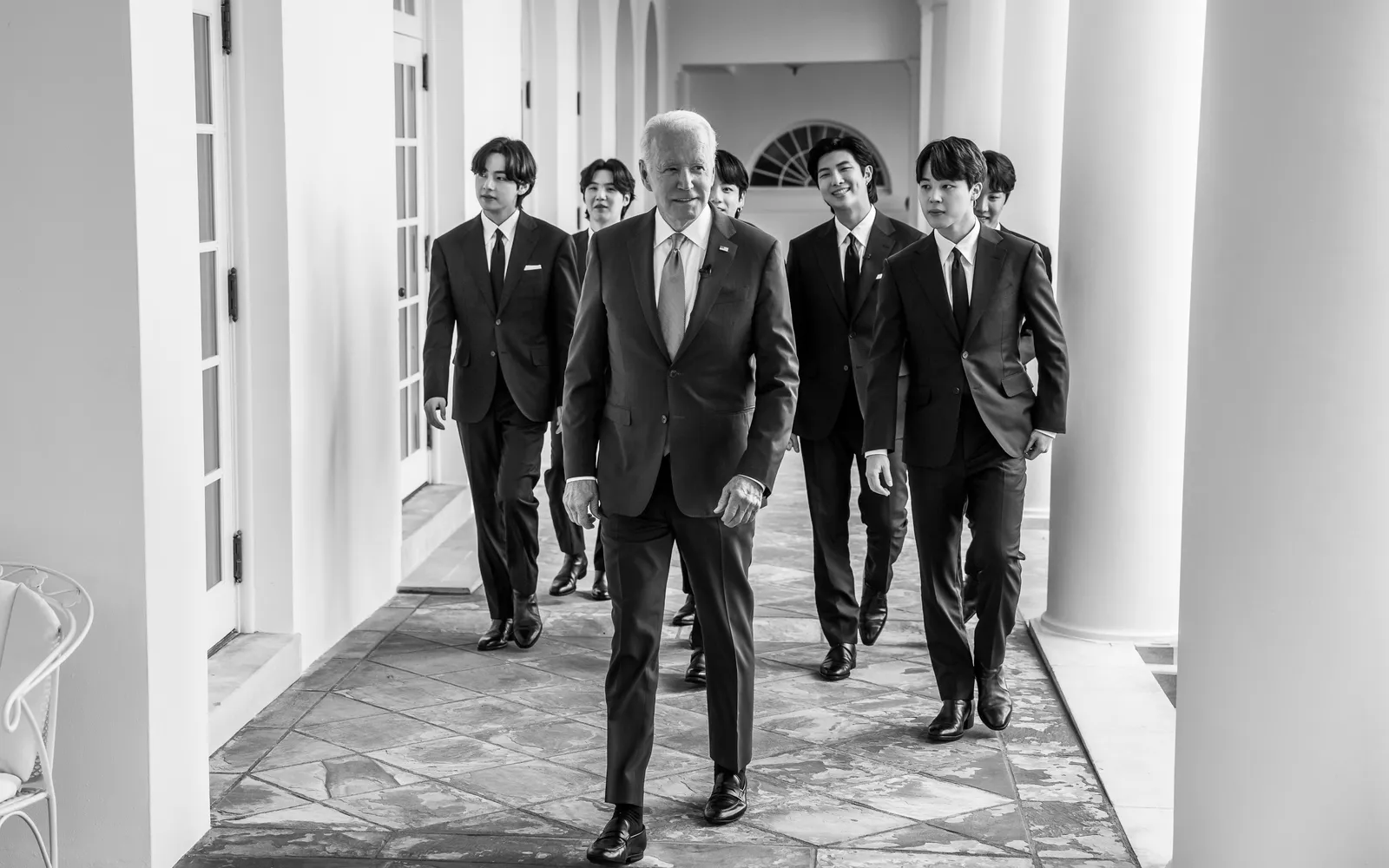 BTS walking through the White House Colonnade in 2022